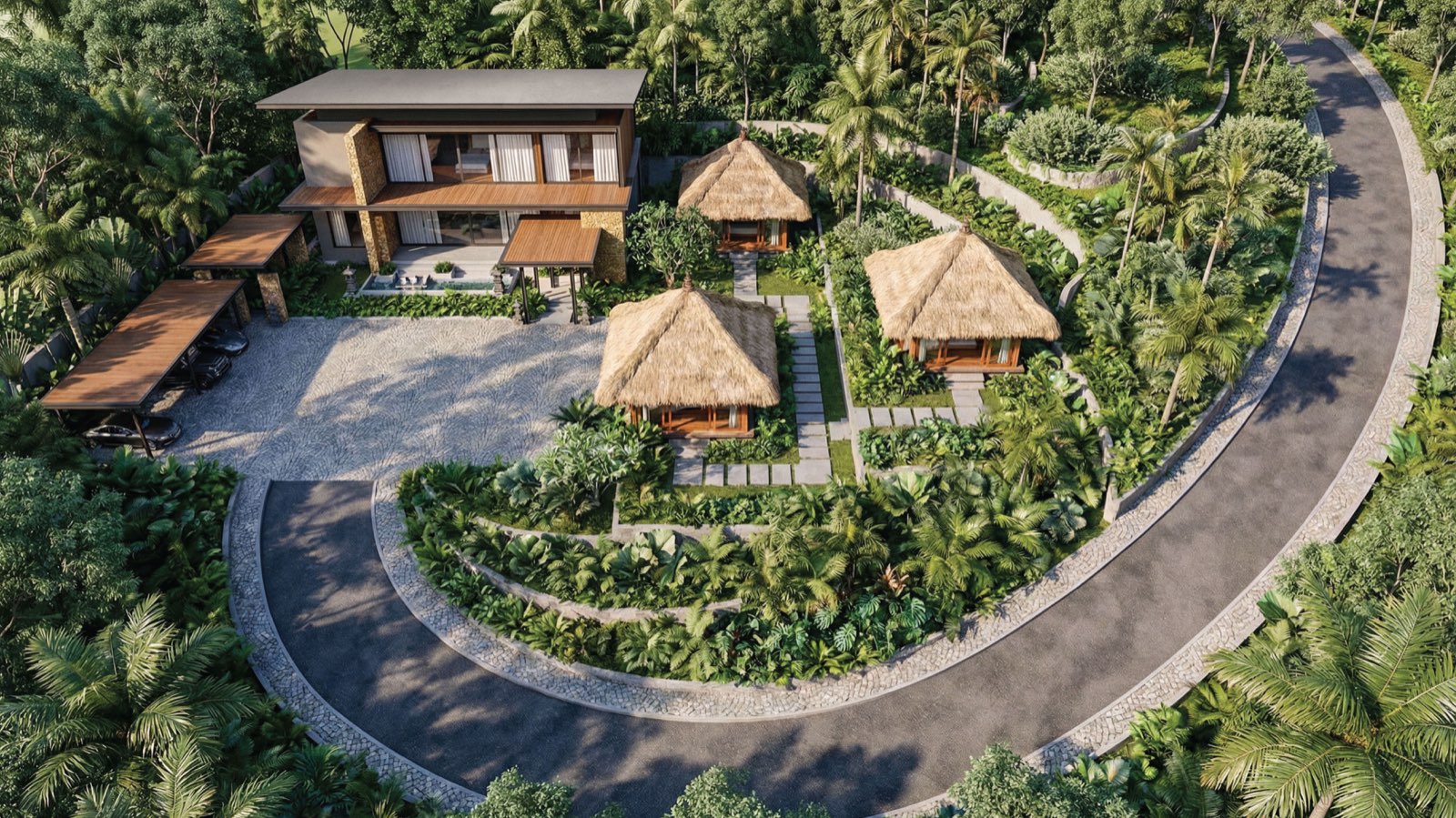 Aerial view of Anyara Hill, a tropical modern villa with three thatched guest pavilions