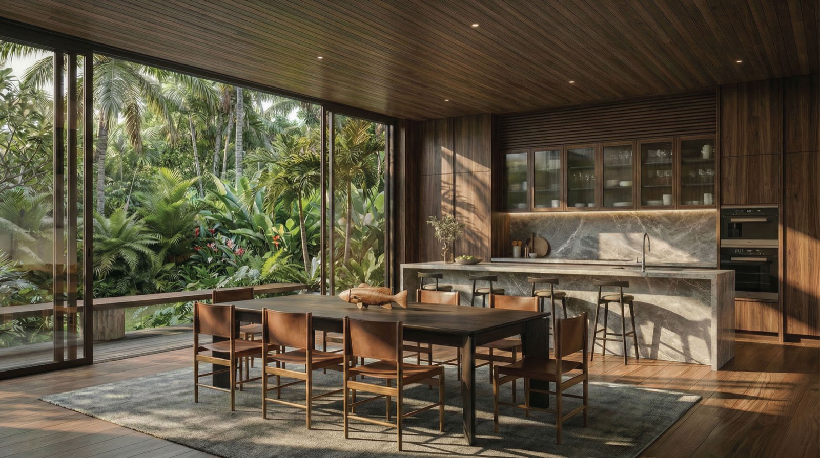 Dining room and marble island kitchen at Anyara Hill