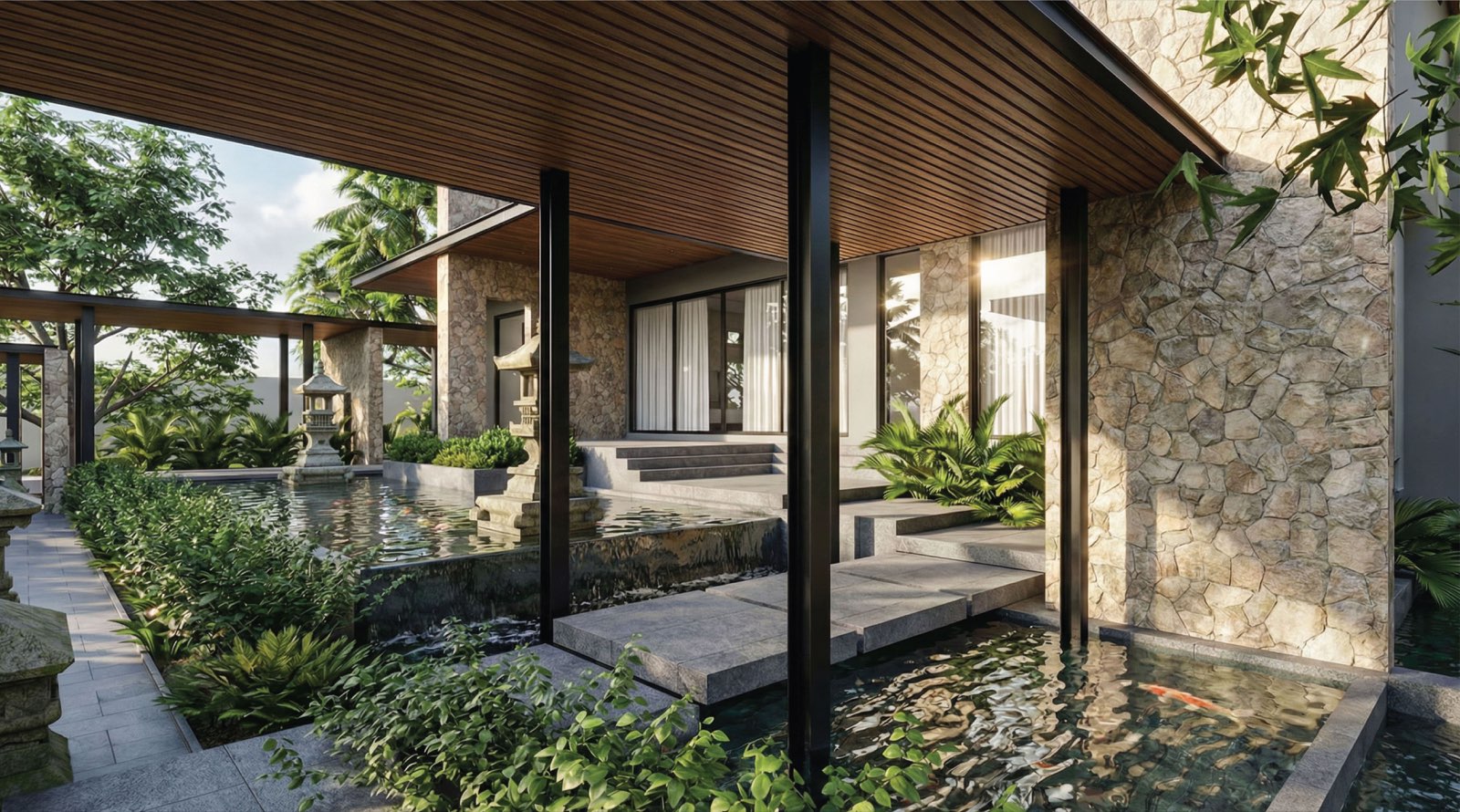 Koi pond and planted side courtyard beside the stone walls of Anyara Hill