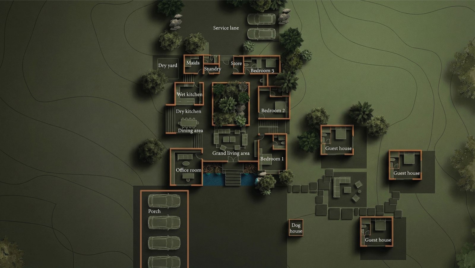 Annotated ground-floor site plan of Anyara Hill showing the living, dining, kitchens, three bedrooms, porch and guest houses around a central courtyard
