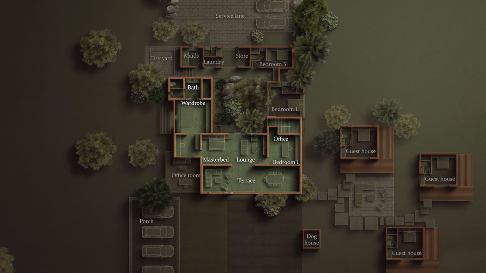 Annotated upper-floor plan of Anyara Hill showing the master bedroom, wardrobe, bath, lounge, office and terrace