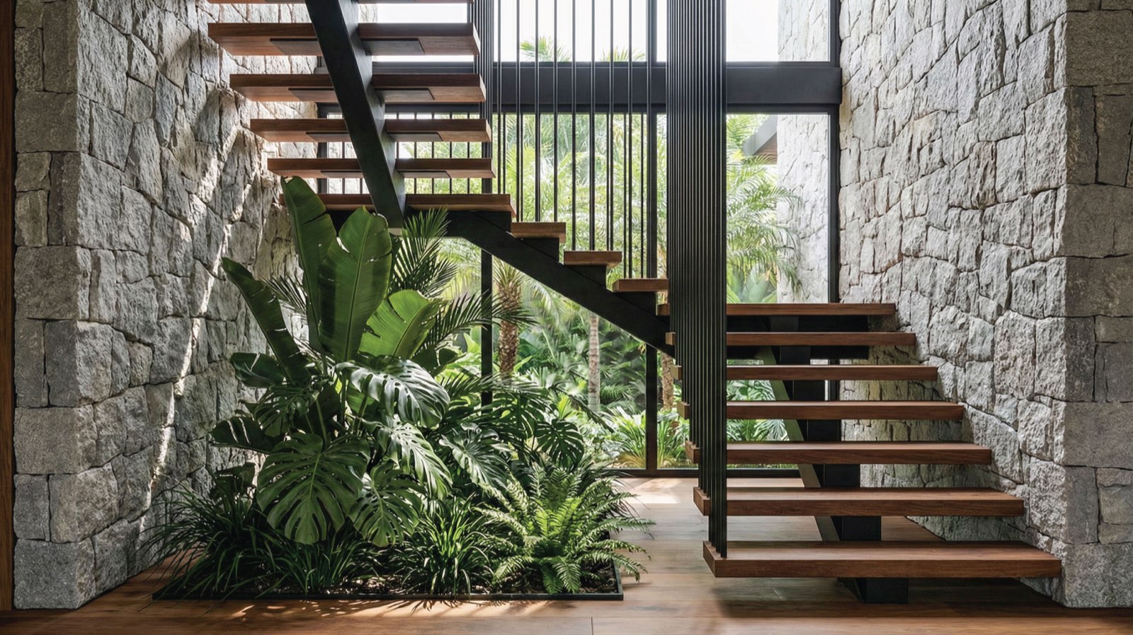 Floating timber stair against rough stone at Anyara Hill