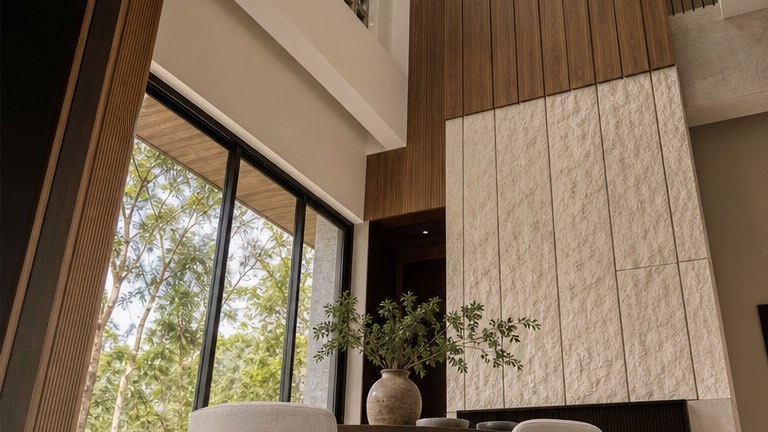 Double-height atrium at the Bangi house clad in timber and split-face stone