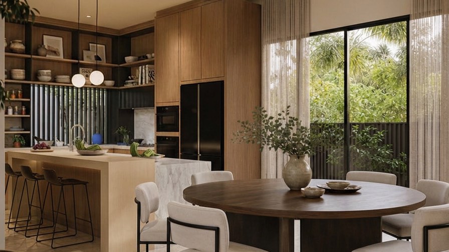 Round dining table at the Bangi house below a double-volume glass-block screen
