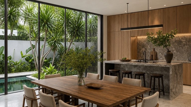 Dining room at the Bangi house with full-height glazing onto the pool and palms