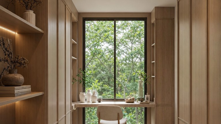 Walk-in wardrobe at the Bangi house with a window desk and lit oak joinery