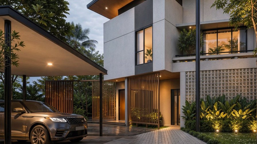 Two-storey Bangi house at dusk with a cantilevered timber soffit, breeze-block screen wall and covered carport