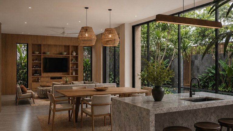 Stone island kitchen and dining table at the Bangi house under rattan pendants
