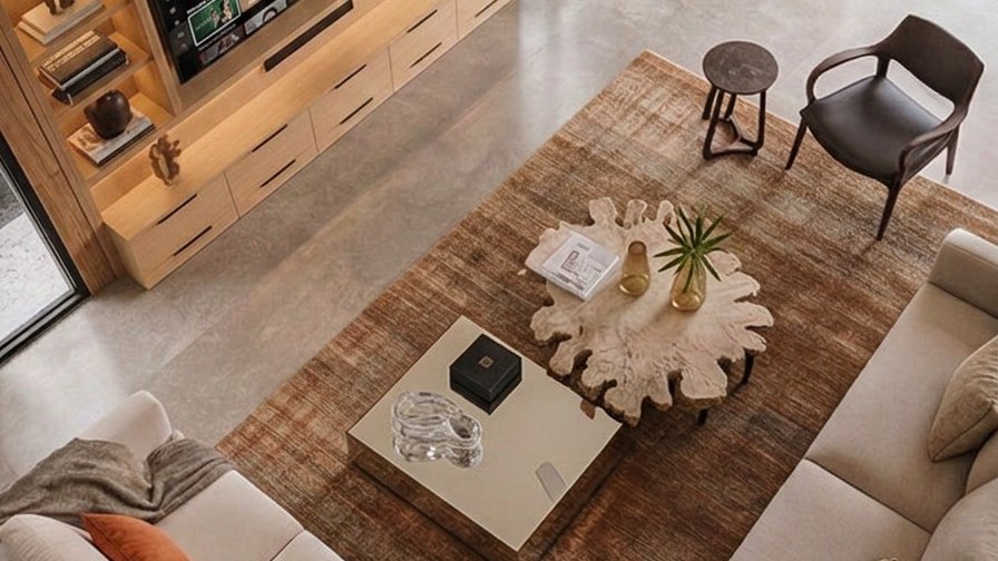 Overhead view of the Bangi living room, its rug, low seating and timber media wall