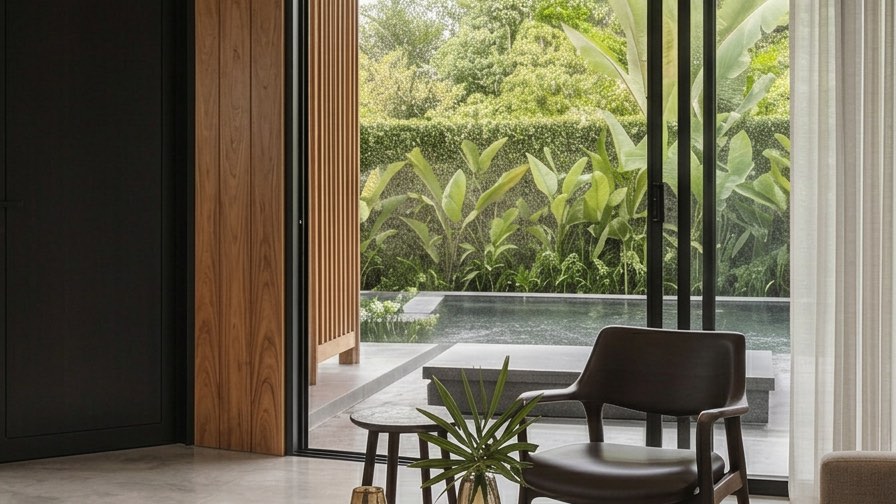 Living room at the Bangi house looking out through sliding glass to the lap pool