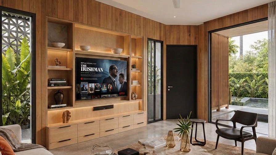 Timber-panelled living room at the Bangi house with a built-in media wall and pool beyond