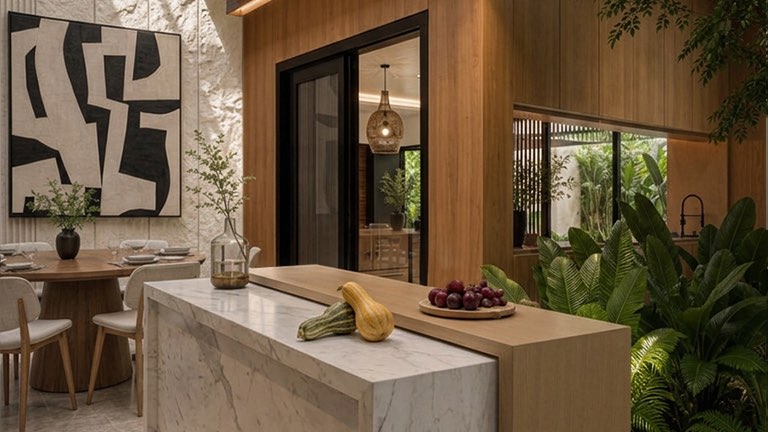 White marble island bench at the Bangi house beside a planted courtyard and stone wall