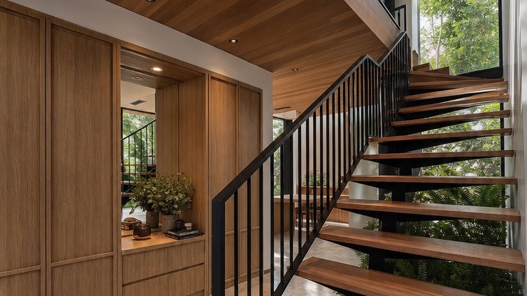 Floating timber stair at the Bangi house over a bed of ferns and black pebbles
