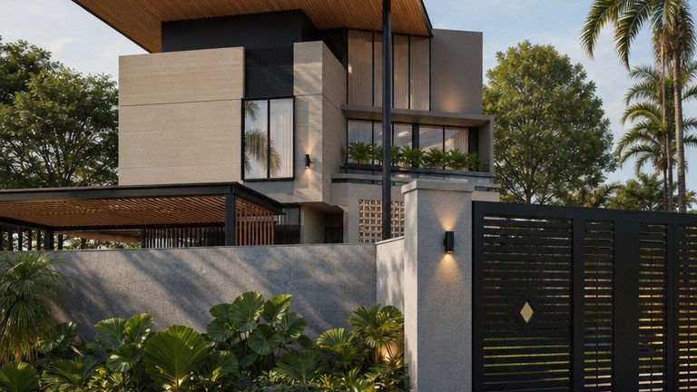 Street elevation of the Bangi house behind a black louvred gate and granite boundary wall