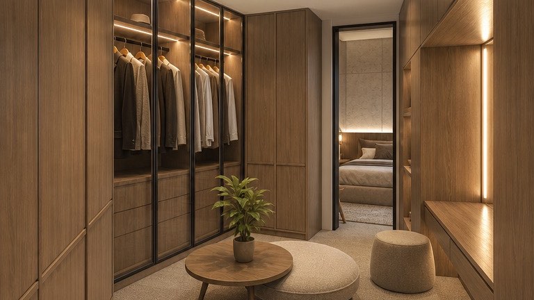 Walk-in wardrobe at the Bangi house with glazed hanging bays and a central ottoman