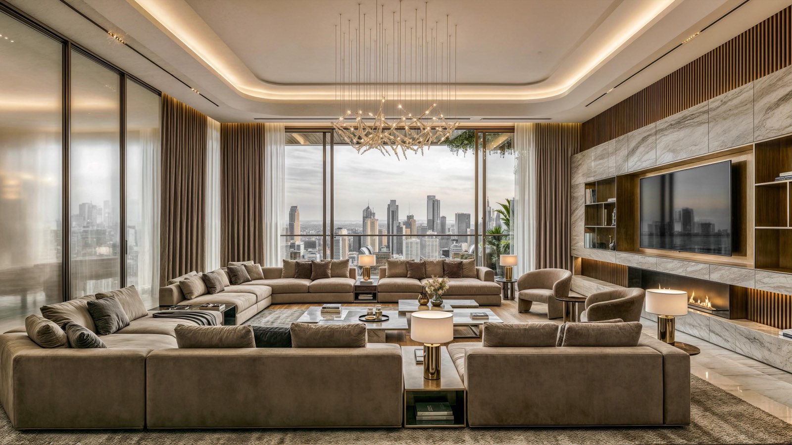 Living room at the Dhaka Residence with a deep U of seating facing full-height skyline glazing and a marble media wall
