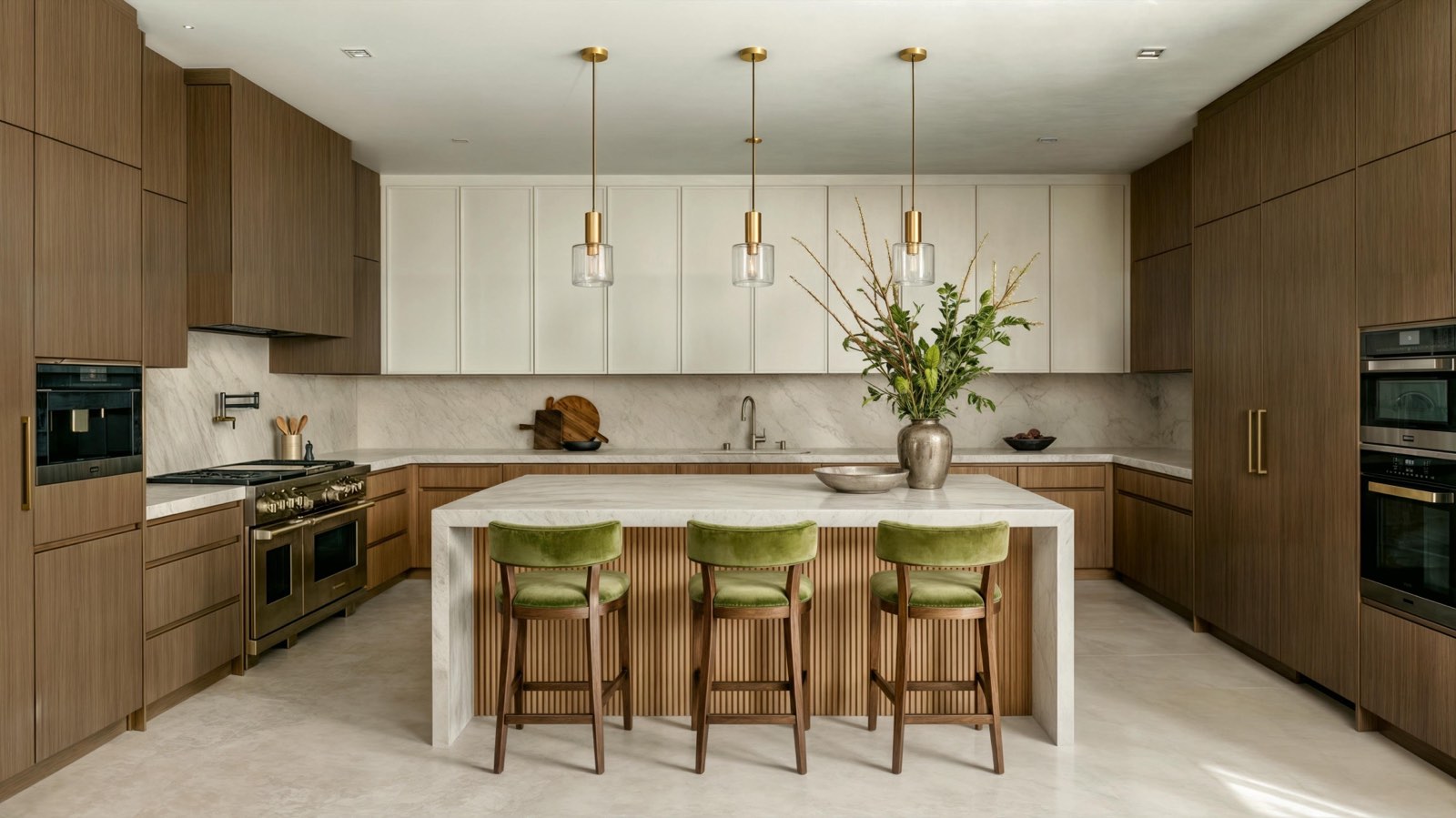 Kitchen at the Dhaka Residence in oak and marble with green velvet stools and brass pendants