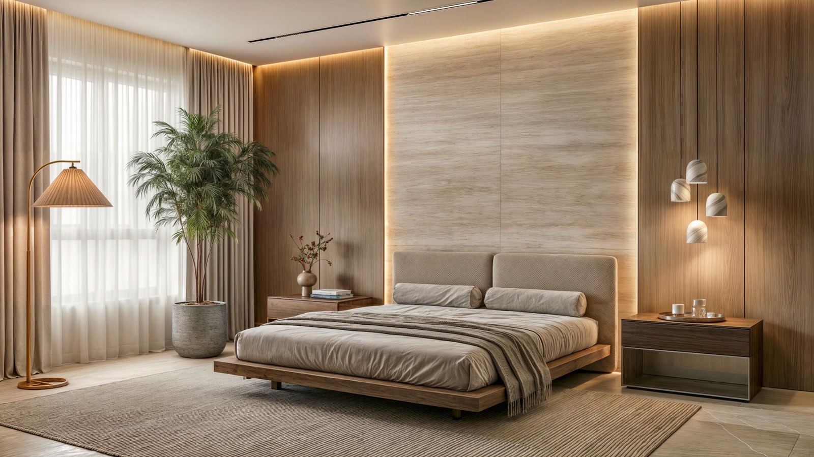 Bedroom at the Dhaka Residence in walnut and travertine