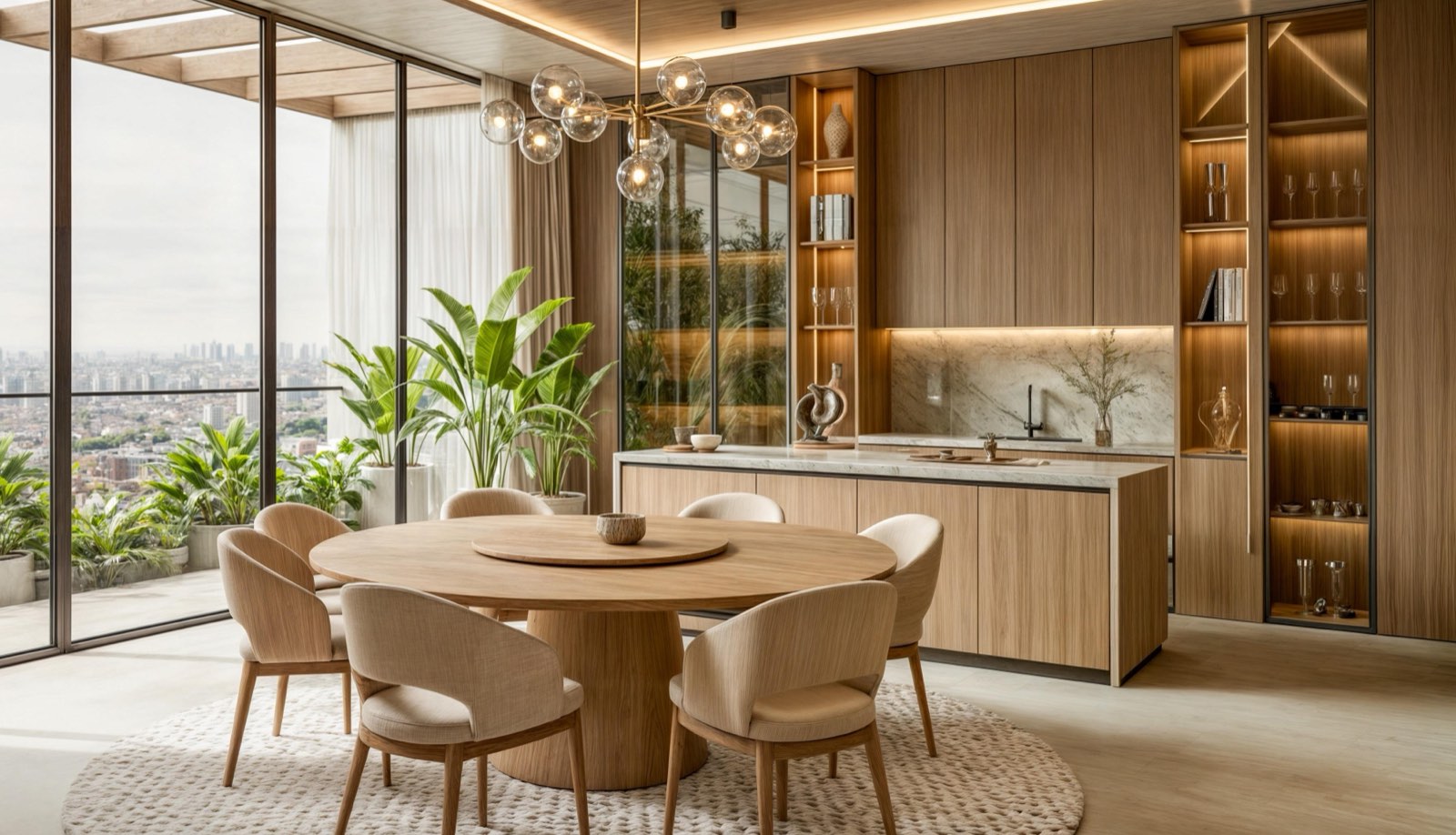 Dining room at the Dhaka Residence with a round oak table, glass globe pendants and a planted terrace beyond