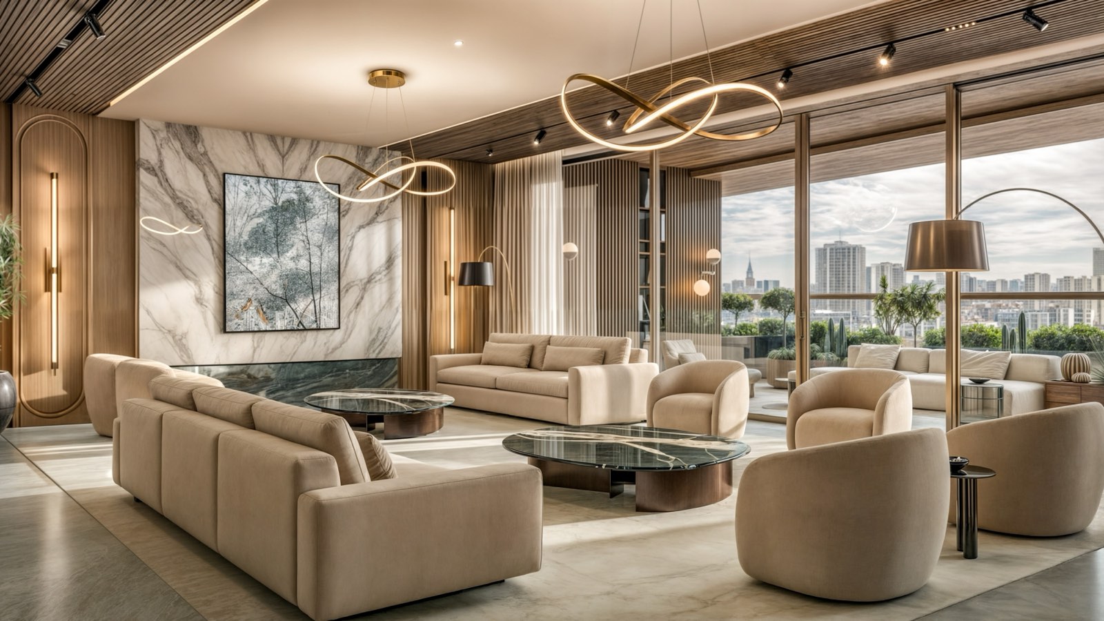 Living room at Embassy Unit 2 with a book-matched marble wall, ribbed timber lining and brass ring pendants over two seating blocks