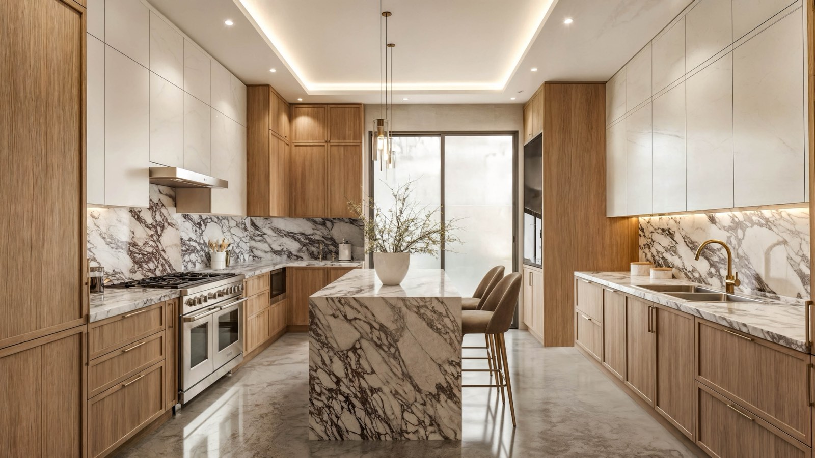 Kitchen at Embassy Unit 2 in oak and veined marble with a full-slab island