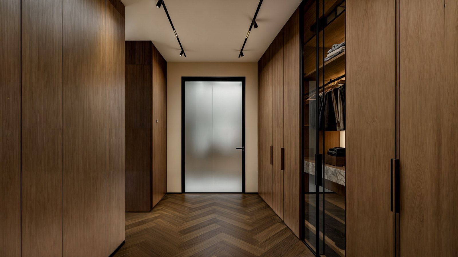 Timber-lined dressing corridor at Embassy Unit 2 with a glazed wardrobe bay