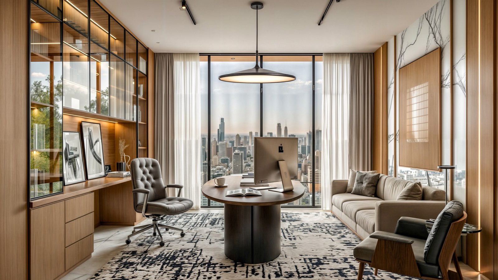 Study at Embassy Unit 2 with a glazed oak bookcase and a skyline view