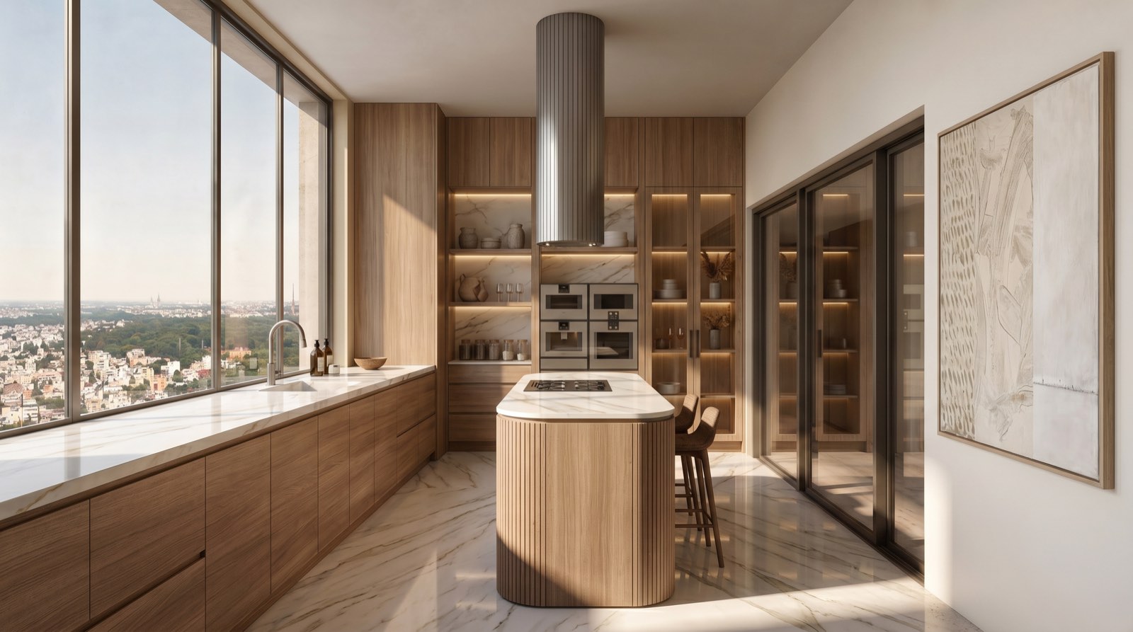 Dry kitchen at Four Seasons Residence Bangalore with a Calacatta counter along the glazing and a fluted oak island
