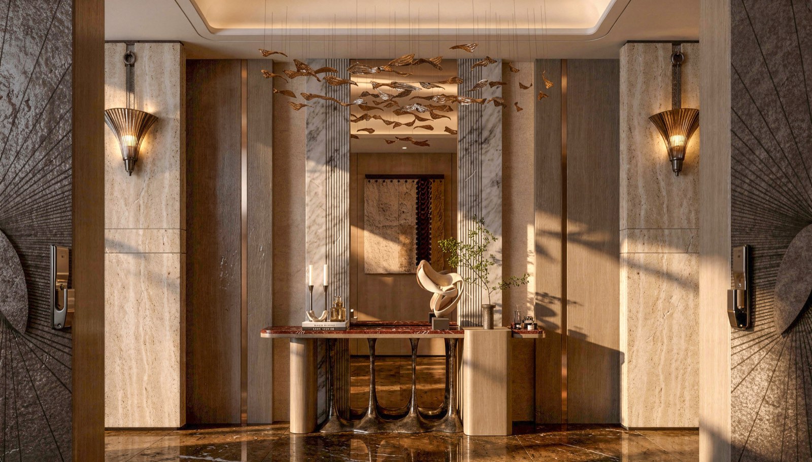 Private-lift foyer at Four Seasons Residence Bangalore in travertine and book-matched marble, with a cast bronze bird installation overhead