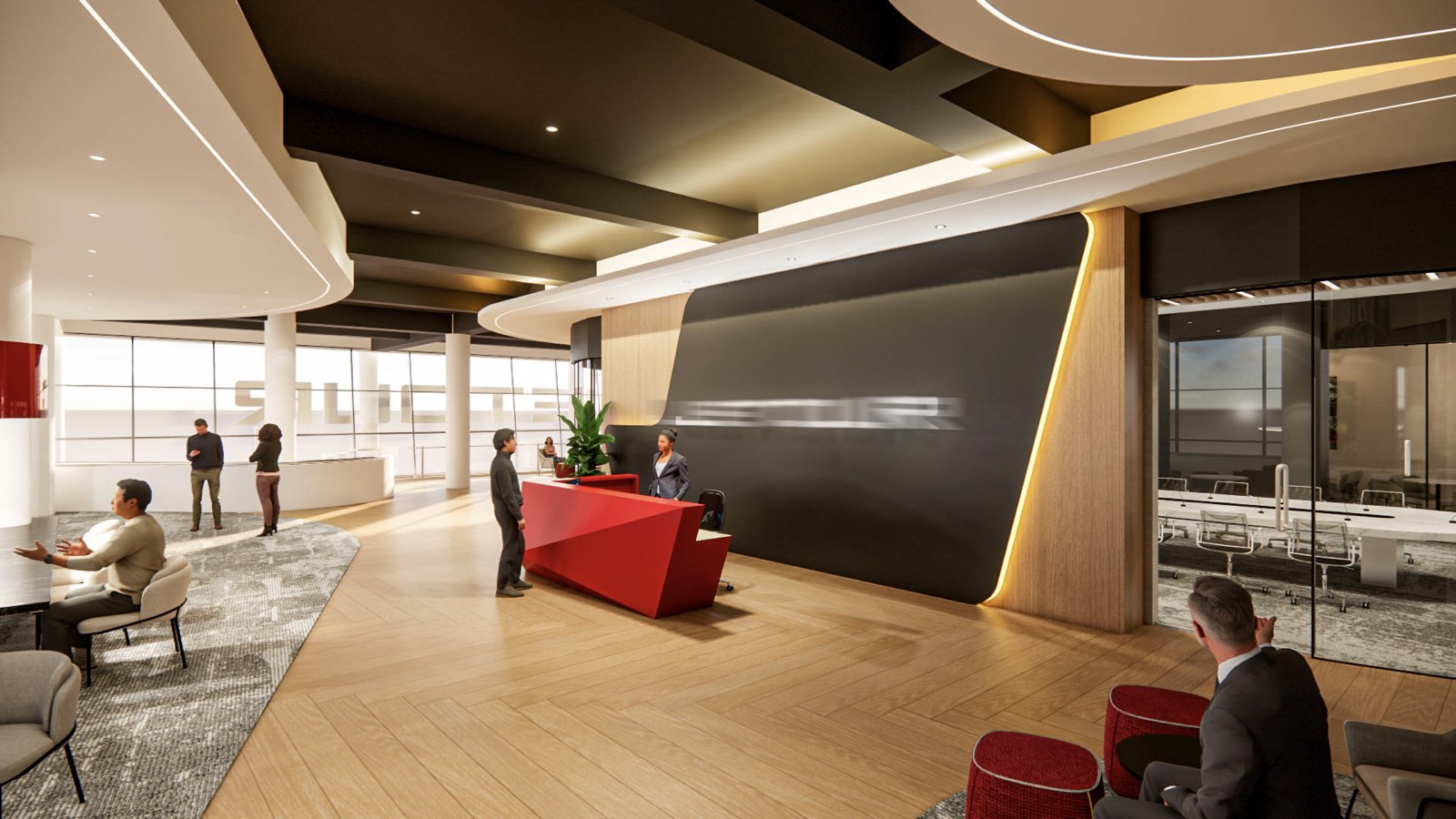 Reception at the Glenmarie Office with a red feature wall and herringbone oak floor