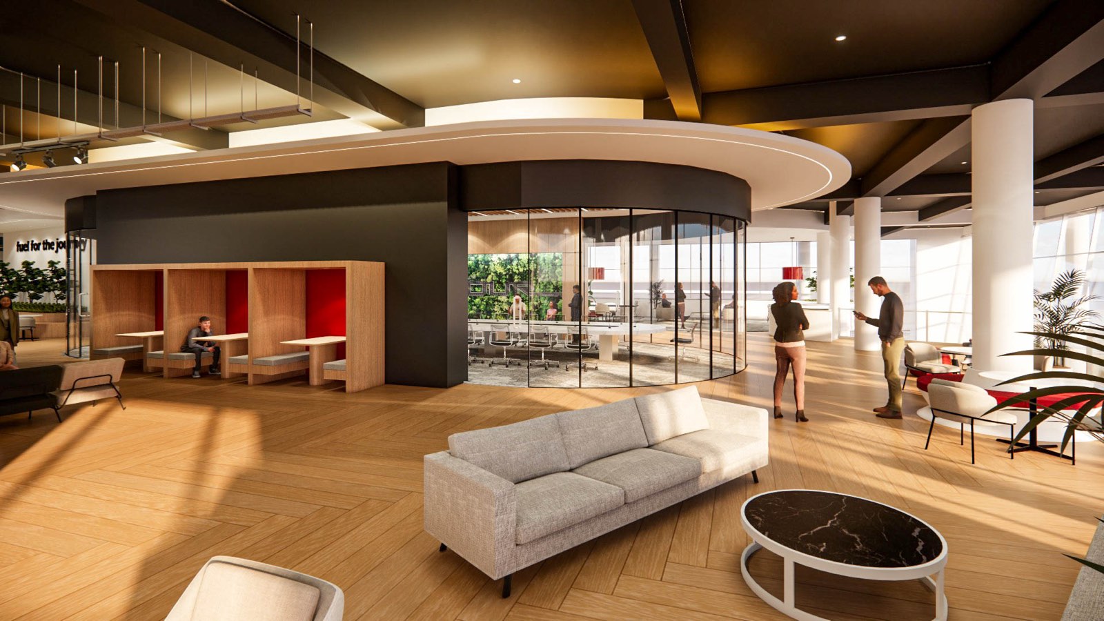 Lounge at the Glenmarie Office with red-lined timber booths and a curved glazed meeting pod