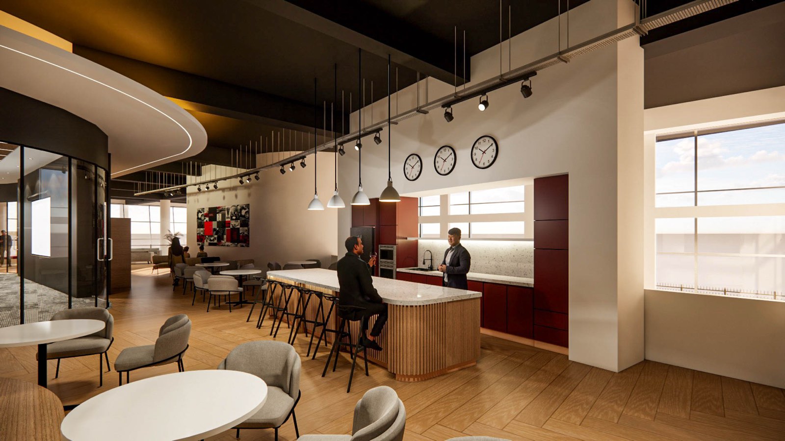 Pantry at the Glenmarie Office with a fluted-oak counter, world clocks and café seating
