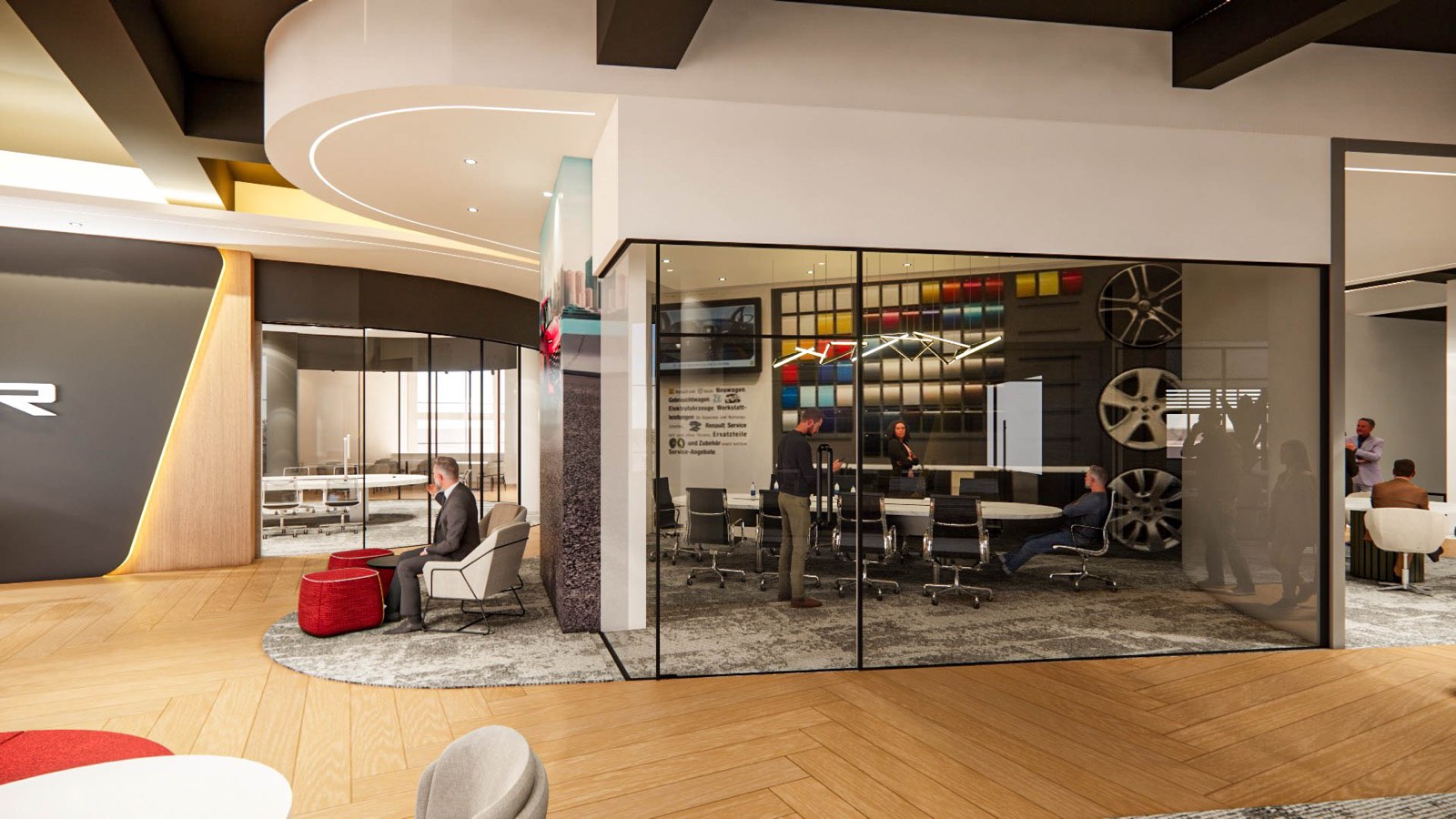 Curved glazed meeting rooms at the Glenmarie Office with colour-sample walls and wheel displays