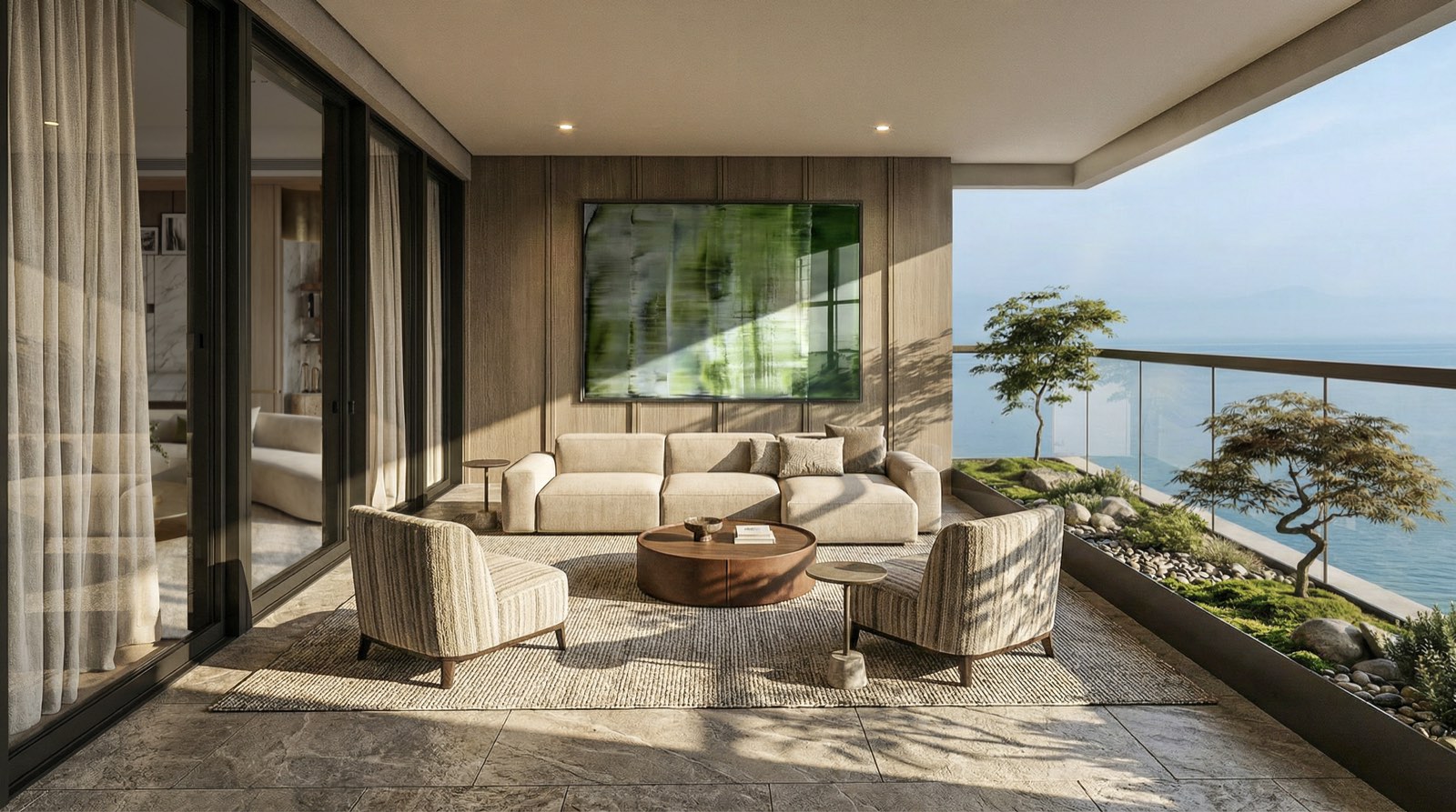Planted balcony deck at Embassy Juhu Tower 3 overlooking the Arabian Sea