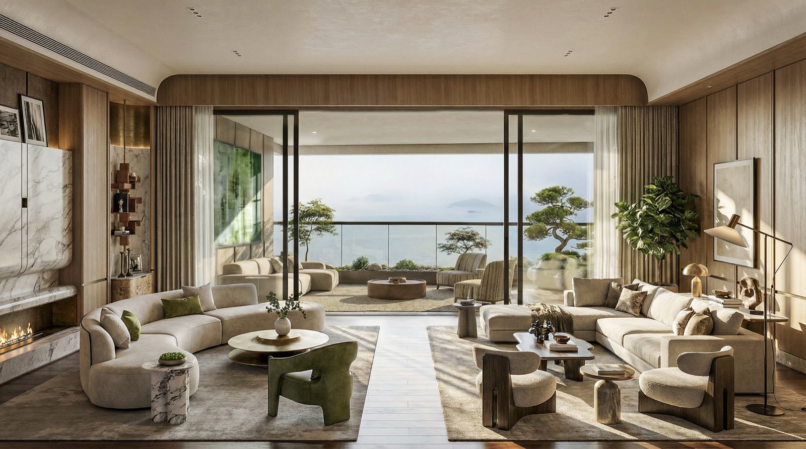 Sea-facing living room at Embassy Juhu Tower 3 with twin seating groups either side of a book-matched marble fireplace