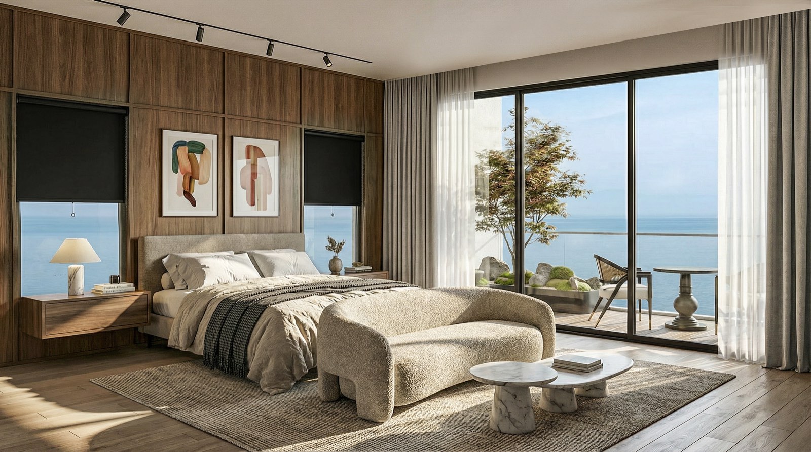 Master bedroom at Embassy Juhu Tower 3, panelled in walnut and opening to a planted terrace over the sea