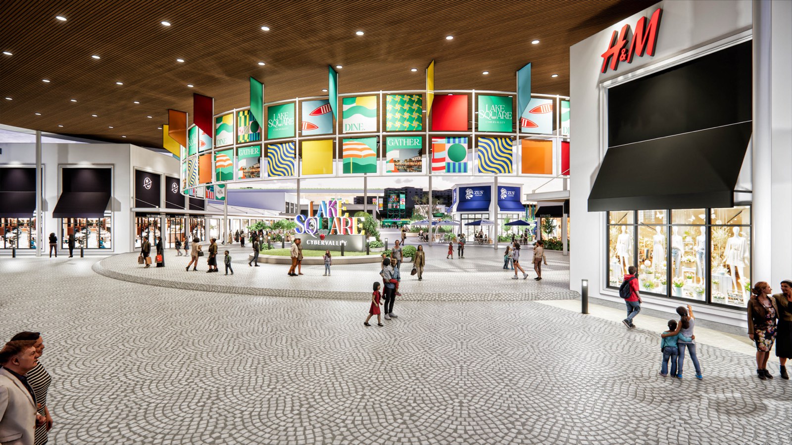 Under the circular canopy at PKNS Communal Hub, its timber soffit and drum of colour graphics