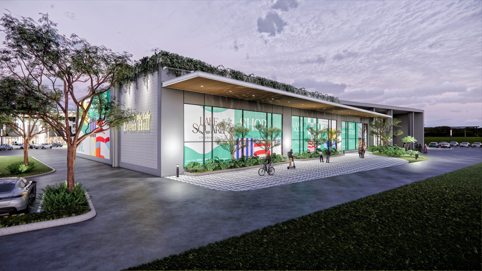 Event hall at PKNS Communal Hub with a planted roof edge and full-height glazed frontage