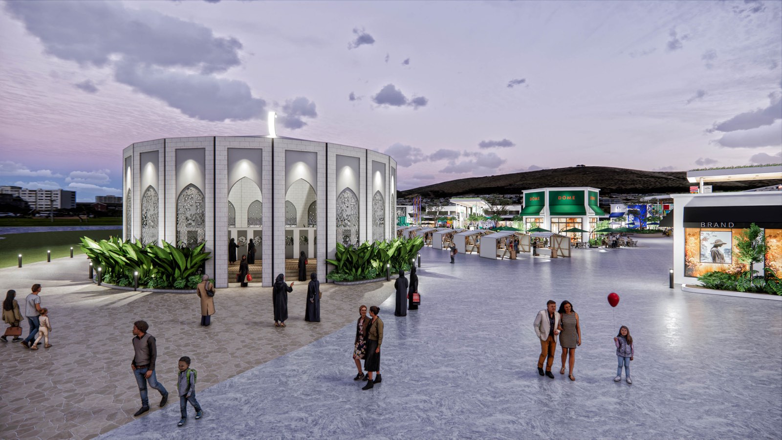 The surau at PKNS Communal Hub at dusk, screened in perforated arched panels