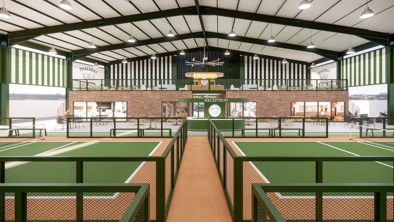 Pickleball courts at PKNS Signature seen from the turfed mezzanine deck
