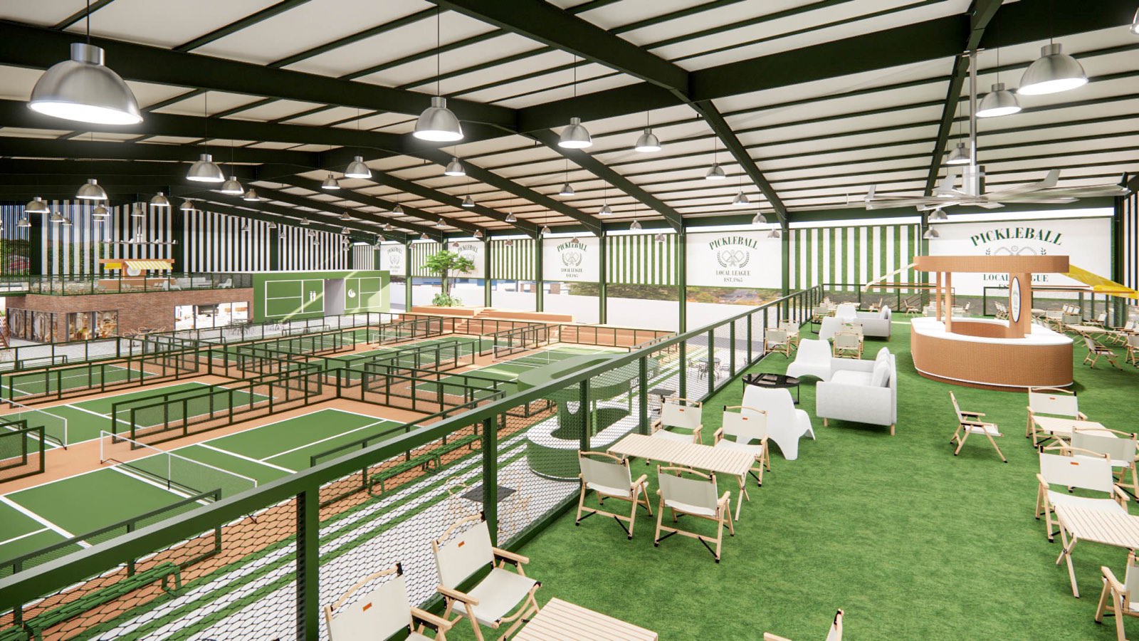 Turfed mezzanine deck with folding chairs, sofas and a striped-awning kiosk at PKNS Signature