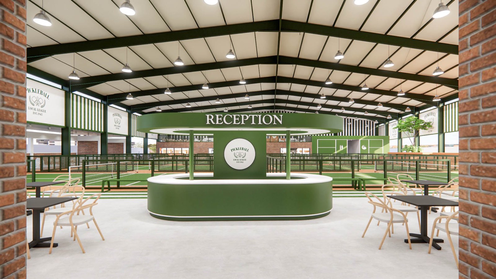 Oval green reception counter on the court apron at PKNS Signature, under a lit drum