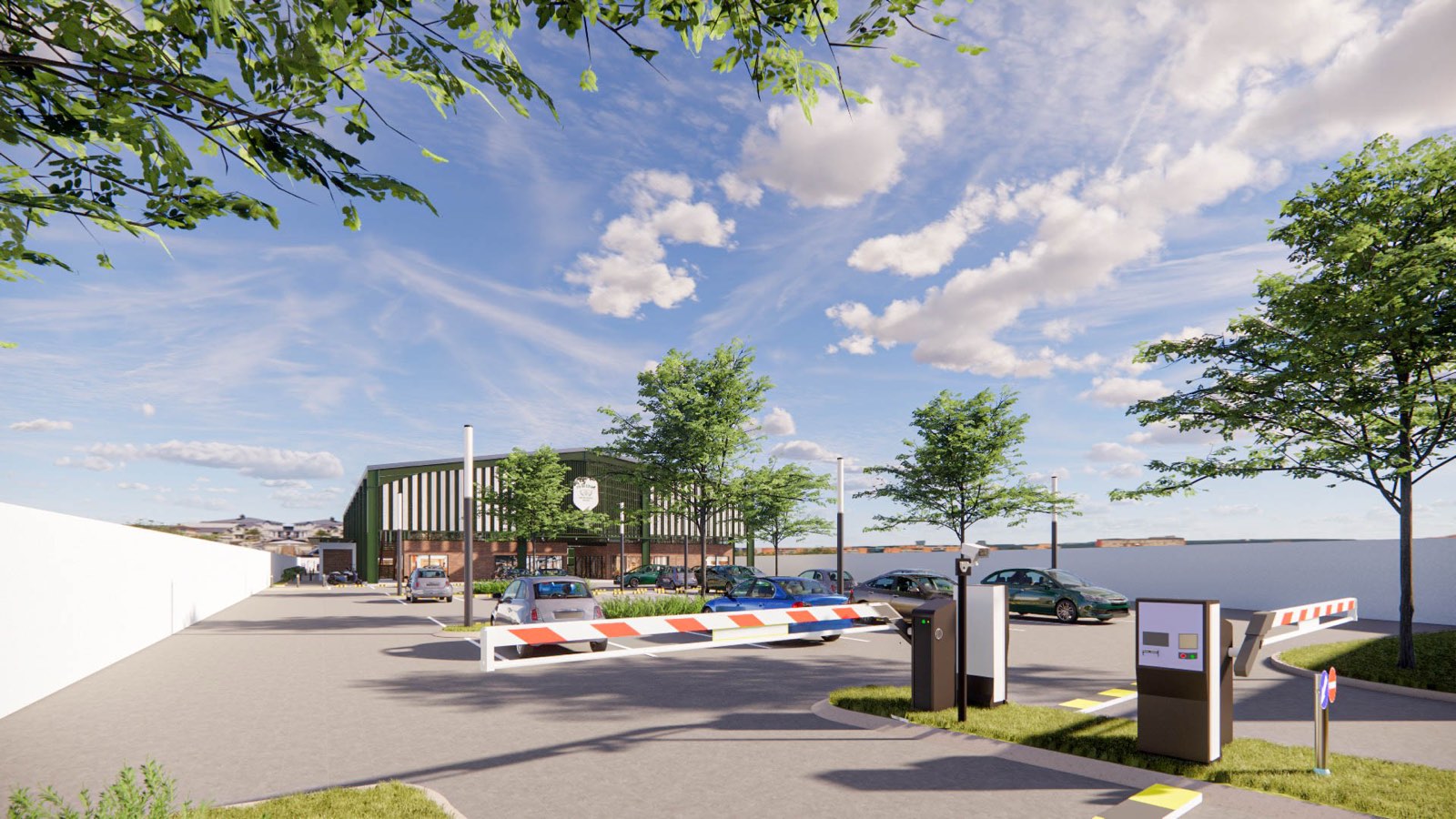 Street view of the PKNS Signature pickleball hall with its louvred upper flank