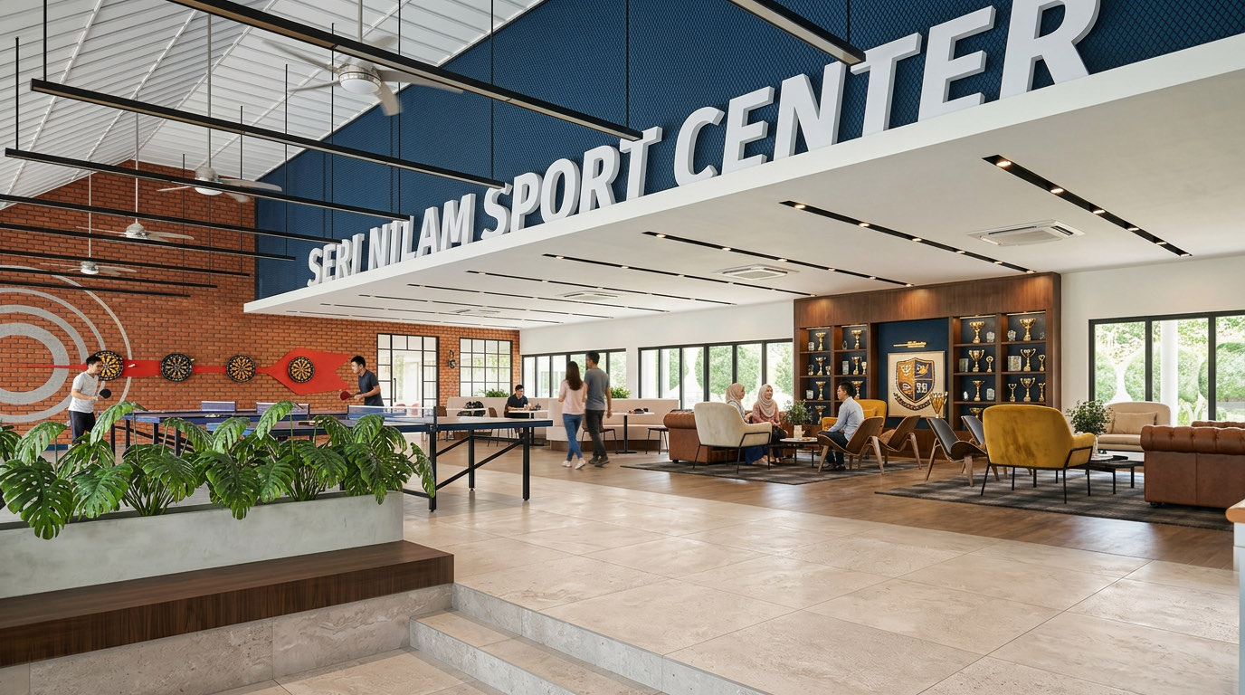 Lobby at the Seri Nilam Sport Center with table tennis, a dartboard on exposed brick and trophy cabinets