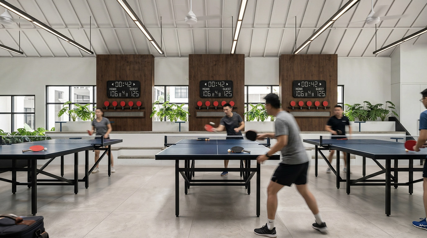 Table tennis tables against the brick wall at the Seri Nilam Sport Center
